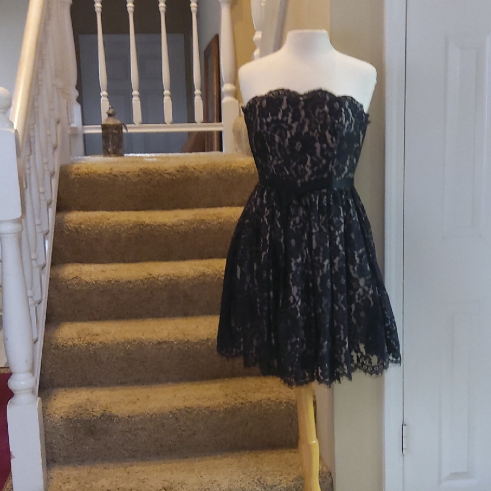 Robert Rodriguez Black Lace Strapless Gown